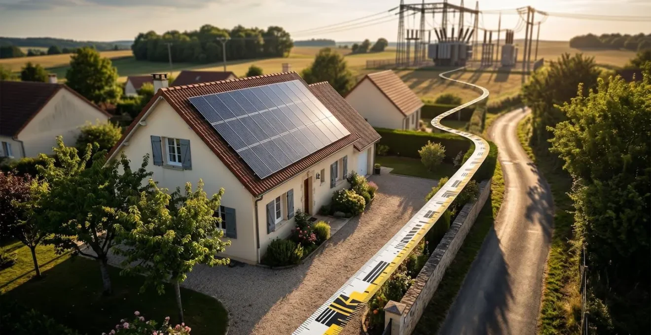 Vue aérienne d'une maison avec panneaux solaires montrant la distance au transformateur électrique