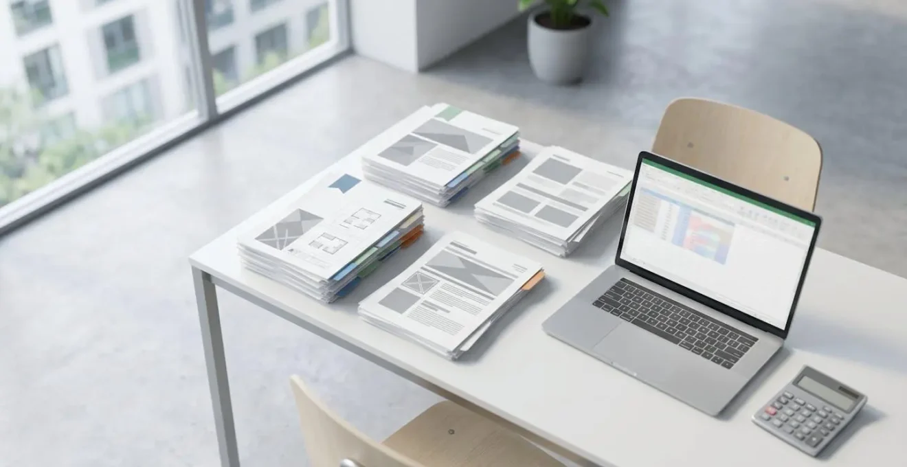 Documents administratifs et plans techniques pour dossier ADVENIR étalés sur table de travail