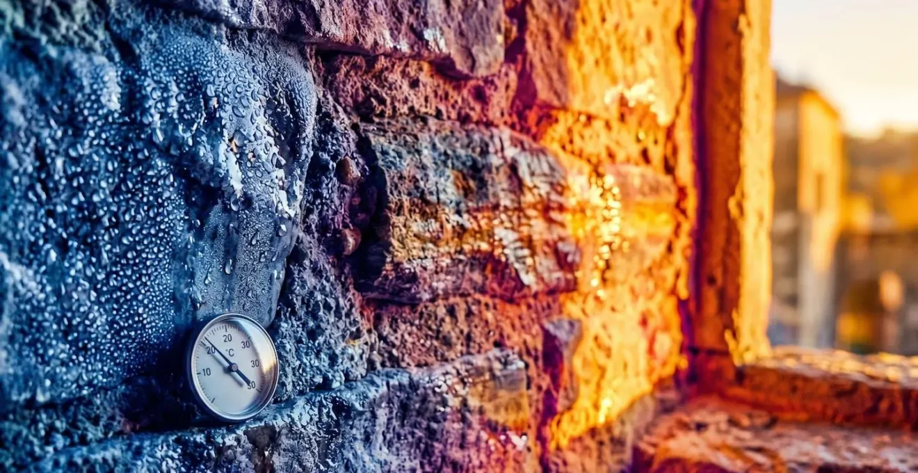 Coupe thermographique d'un mur en pierre montrant le gradient de température du bleu (froid) à l'intérieur au rouge (chaud) à l'extérieur.