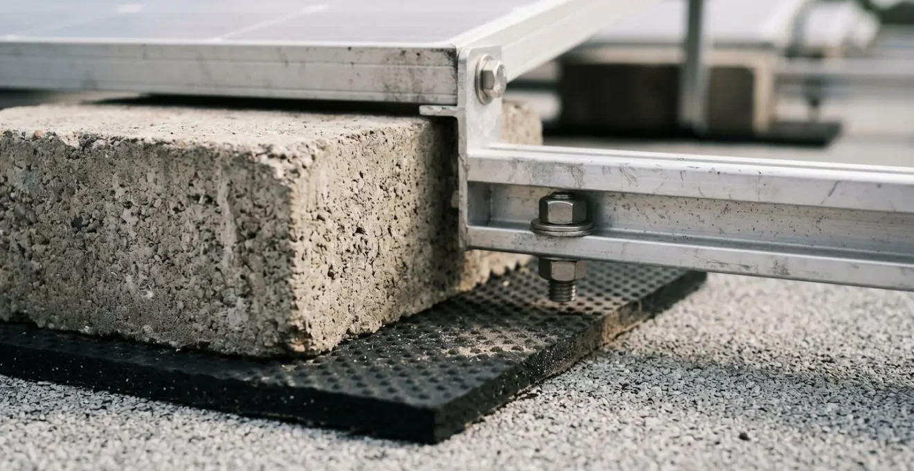 Système de lestage de panneaux solaires sur toiture plate avec blocs de béton et rails de fixation