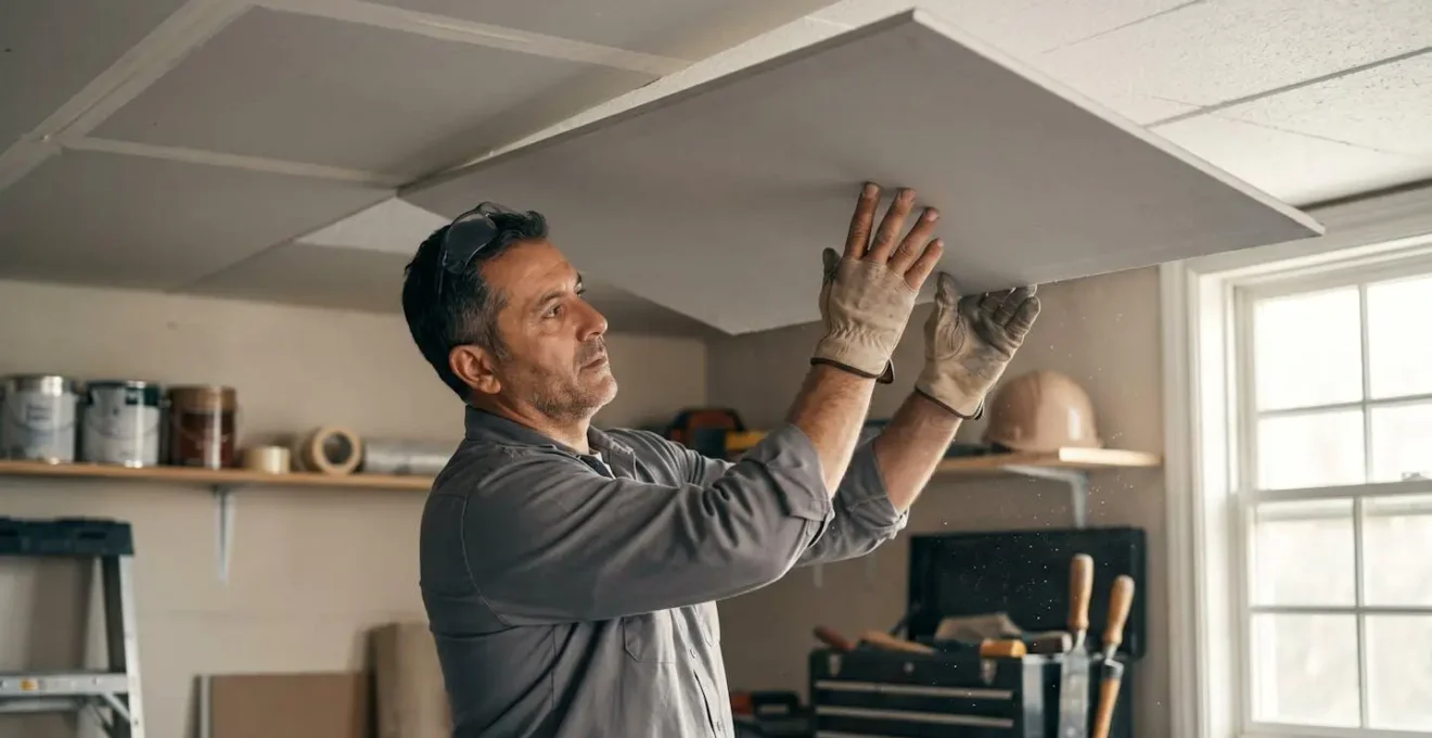 Pose de plaques de plâtre coupe-feu sur isolation polystyrène au plafond d'un garage