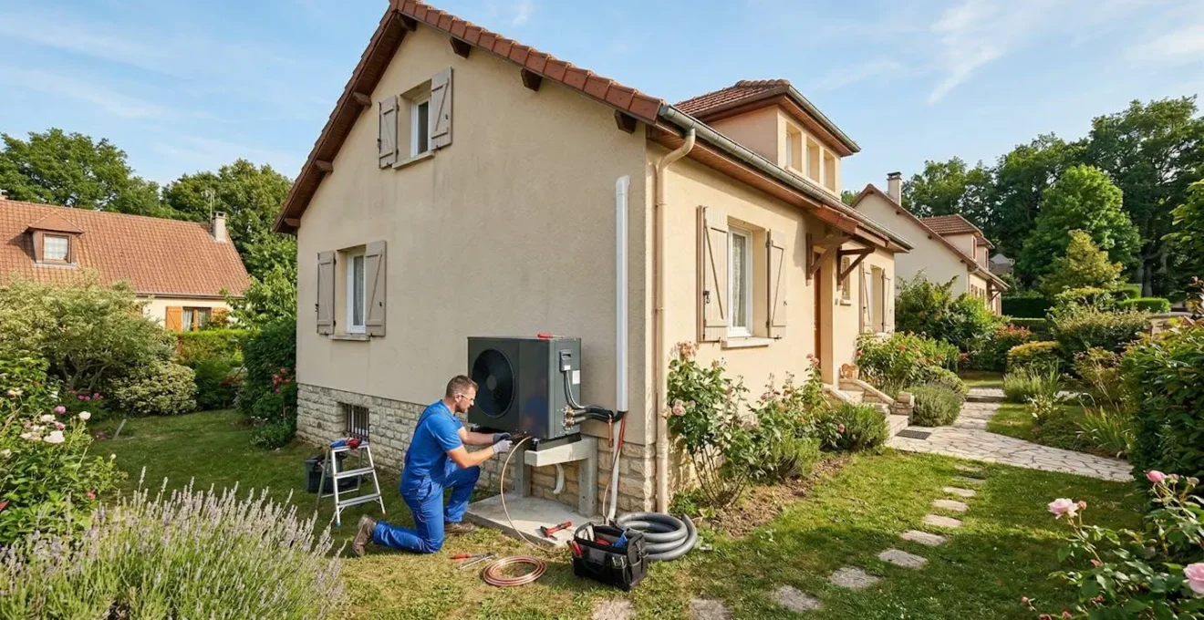Installation d'une pompe à chaleur sur une maison française avec technicien certifié RGE