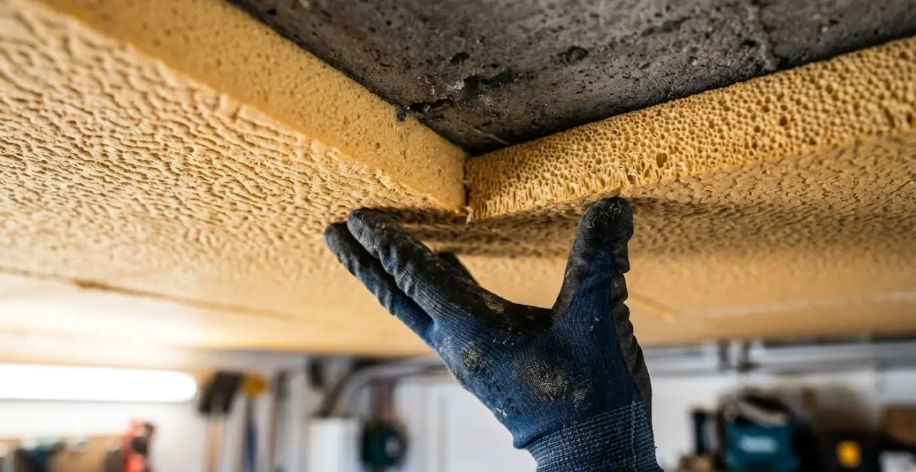 Installation de panneaux isolants ultra-minces au plafond d'un garage avec hauteur limitée