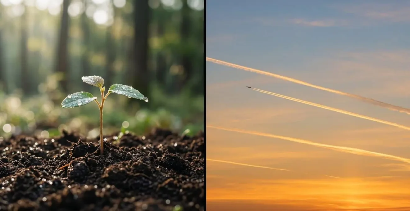 Image divisée montrant à gauche une jeune pousse d'arbre dans la terre et à droite la traînée de condensation d'un avion dans le ciel, illustrant le décalage temporel de la compensation carbone