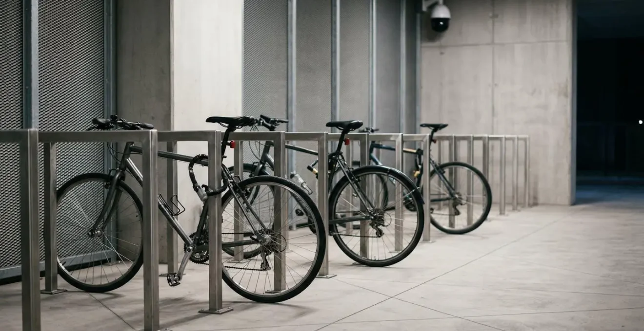 Espace de stationnement vélo sécurisé avec arceaux et casiers dans un parking d'entreprise moderne