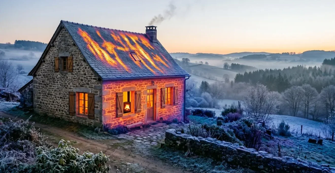 Maison ancienne en pierre avec poêle à bois et visualisation des déperditions thermiques