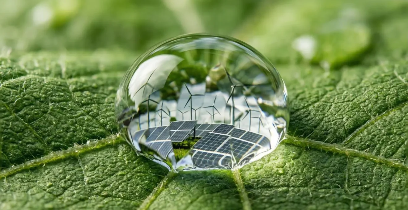 Métaphore visuelle du système des garanties d'origine avec une goutte d'eau sur une feuille reflétant des éoliennes et des panneaux solaires.