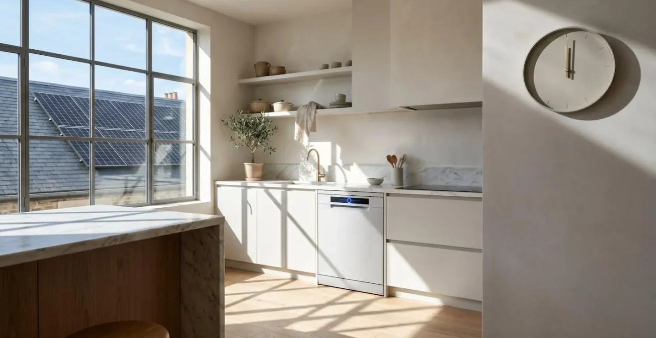 Cuisine moderne avec lave-vaisselle en fonctionnement et rayons de soleil traversant la fenêtre à midi