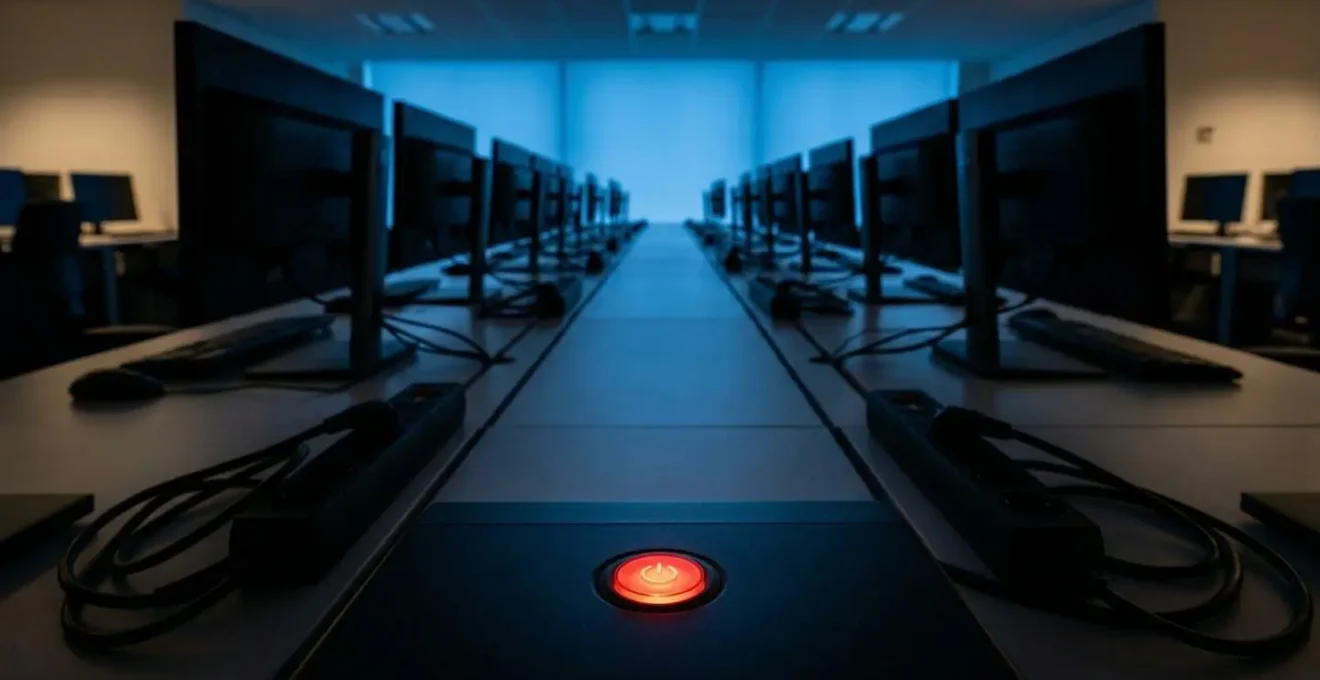 Bureaux vides le weekend avec ordinateurs éteints et multiprises débranchées