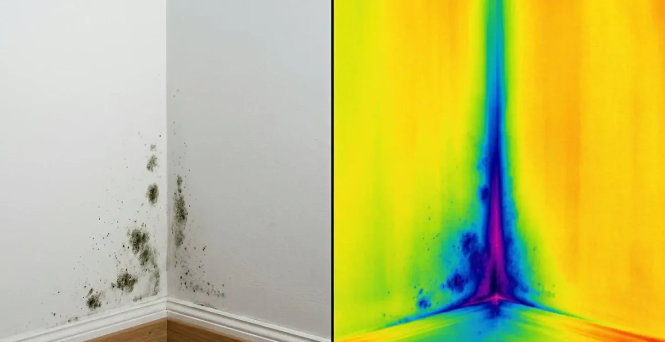 Vue thermographique d'un angle de mur montrant les déperditions de chaleur en couleurs contrastées