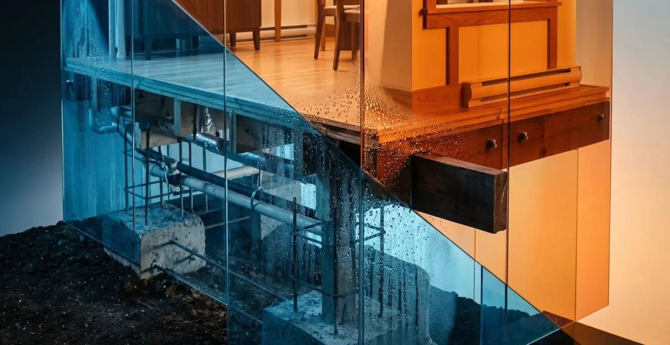Coupe transversale d'une maison montrant les flux thermiques du vide sanitaire froid vers le sol du logement, créant une zone de condensation.