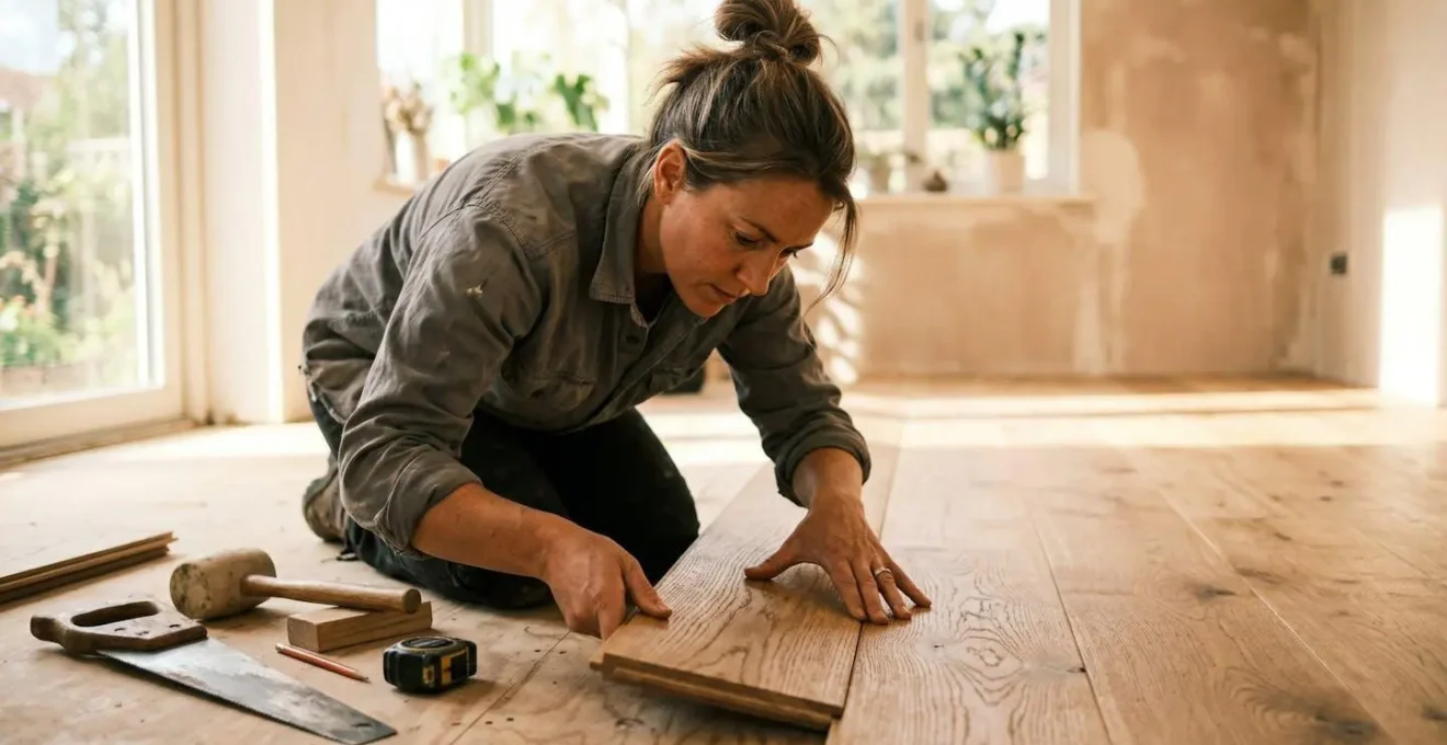 Installation d'un parquet en bois massif dans une pièce lumineuse