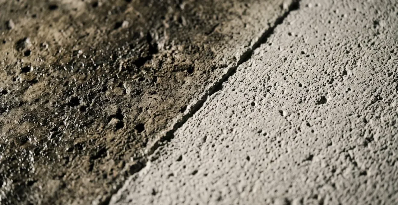 Gros plan sur la texture d'un plafond béton préparé pour recevoir le flocage