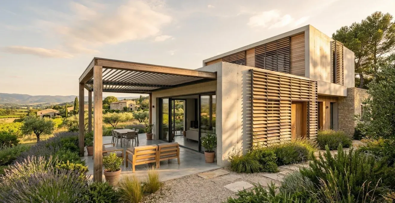 Maison BBC avec brise-soleil orientables et végétation pour protection estivale