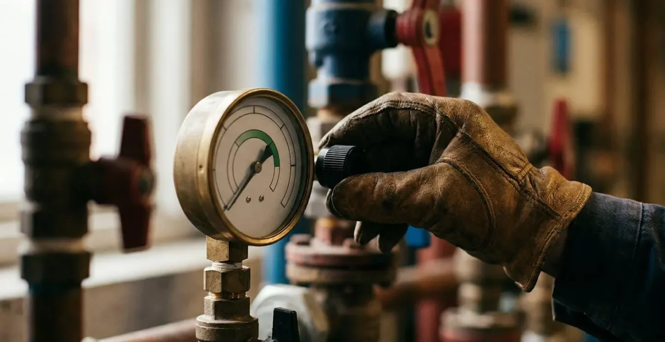Main ajustant la pression d'un manomètre de chaudière montrant la zone optimale entre 1 et 1.5 bar