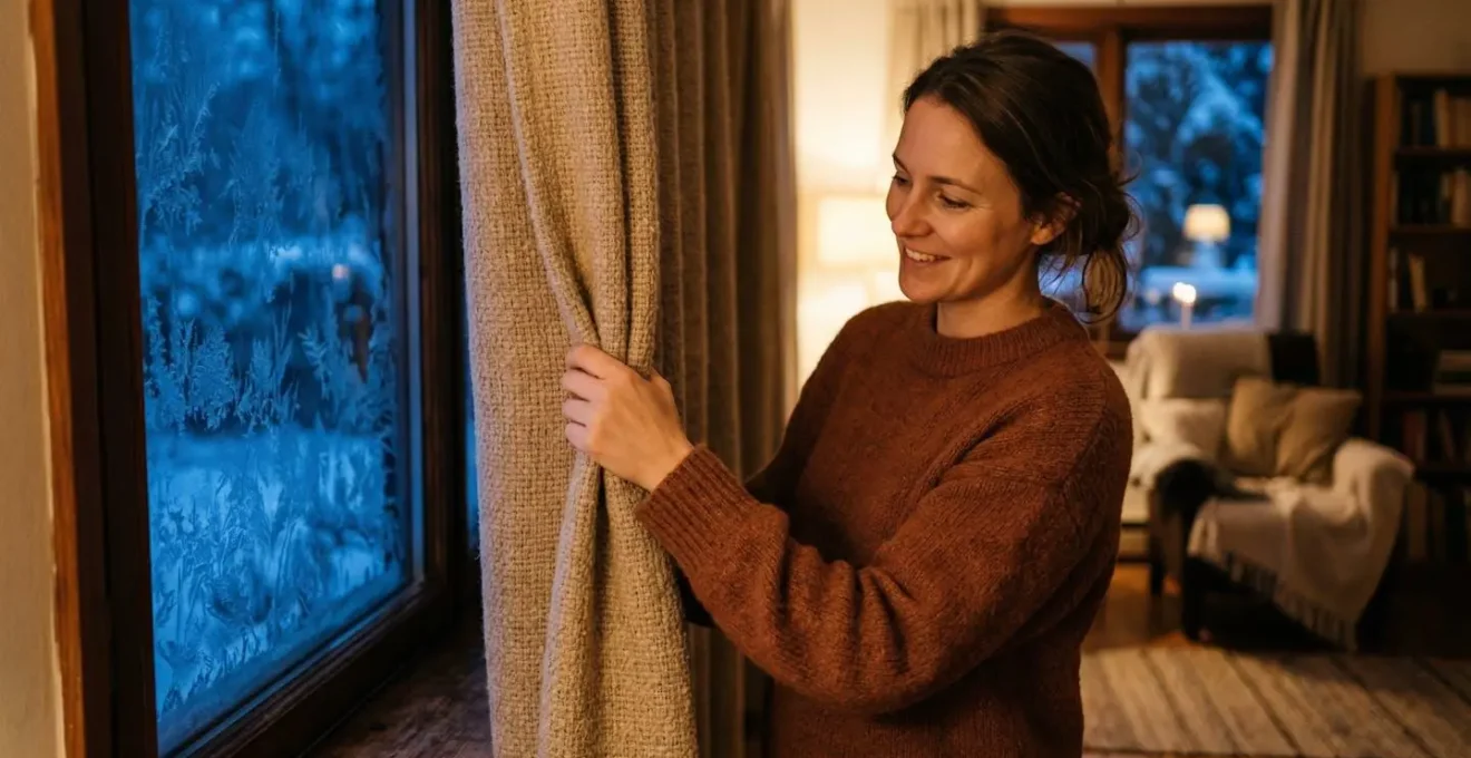 Rideau thermique épais installé devant une fenêtre avec effet isolant visible par la différence de température