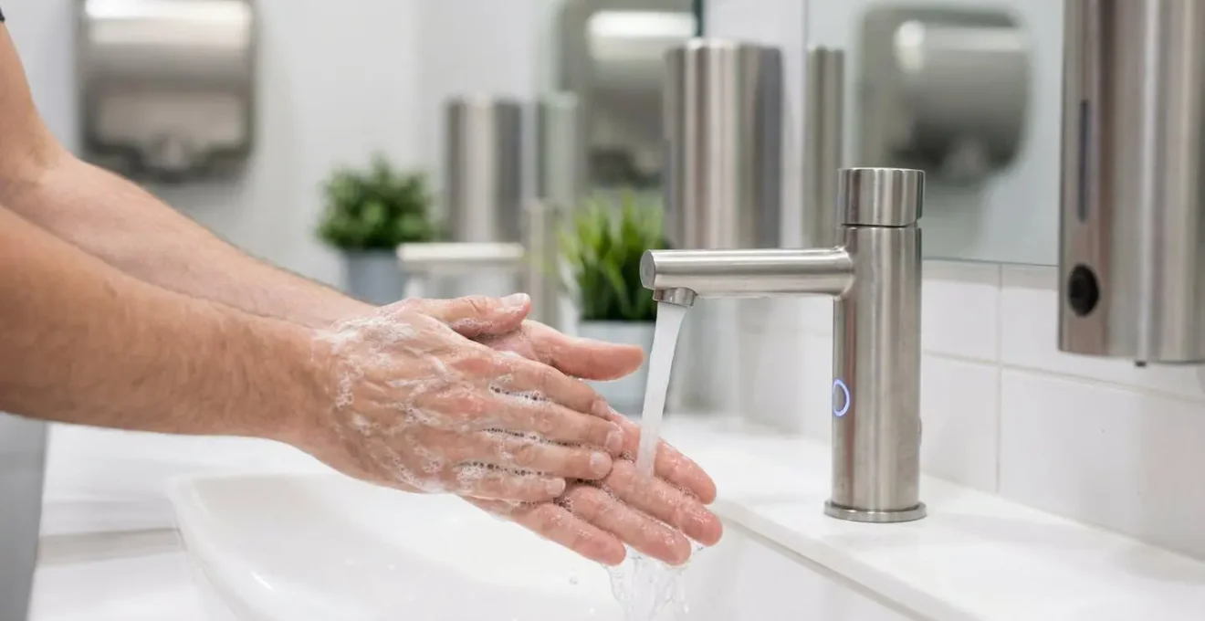 Sanitaires d'entreprise modernes équipés de mitigeurs thermostatiques et de distributeurs de savon de qualité