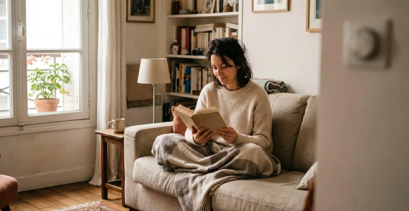 Intérieur d'un salon français typique avec thermostat flou en arrière-plan et ambiance chaleureuse