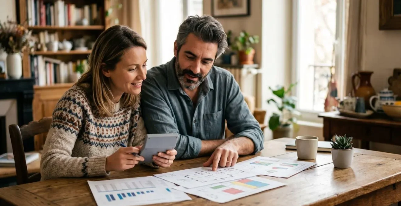 Couple consultant des documents financiers avec calculatrice et plans de rénovation sur table