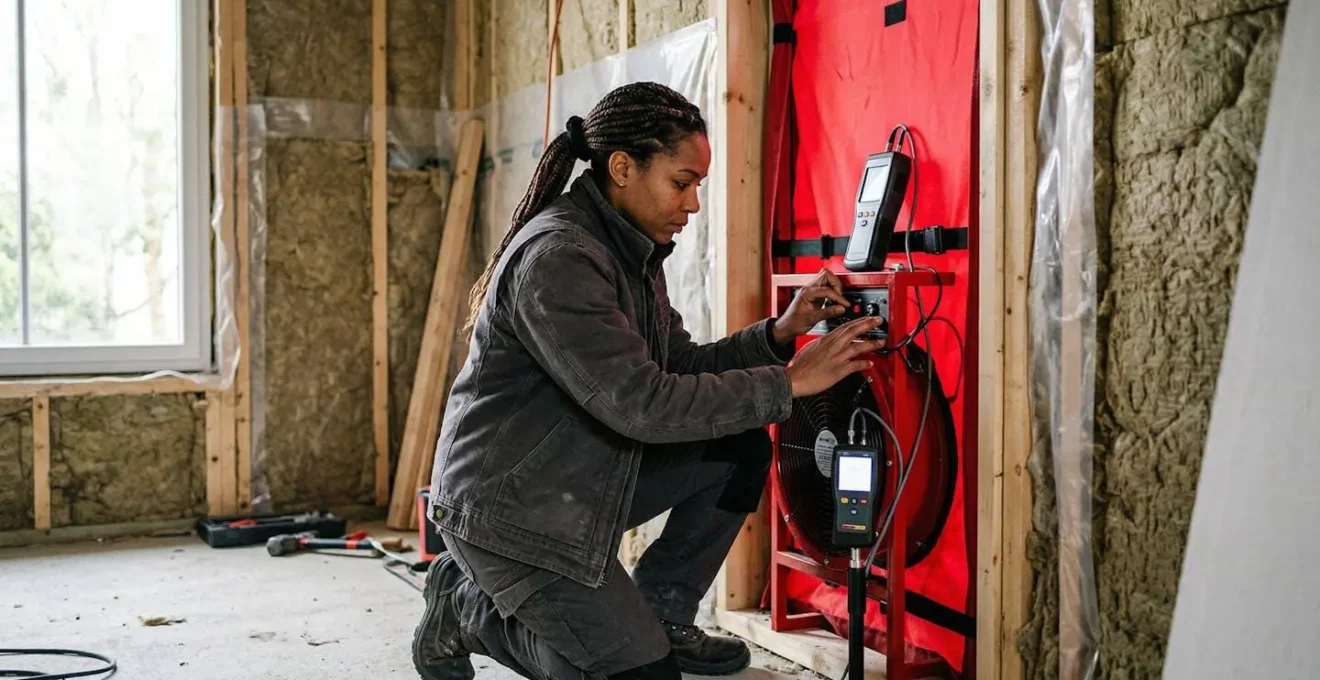 Technicien effectuant un test d'infiltrométrie avec une porte soufflante dans une maison en rénovation