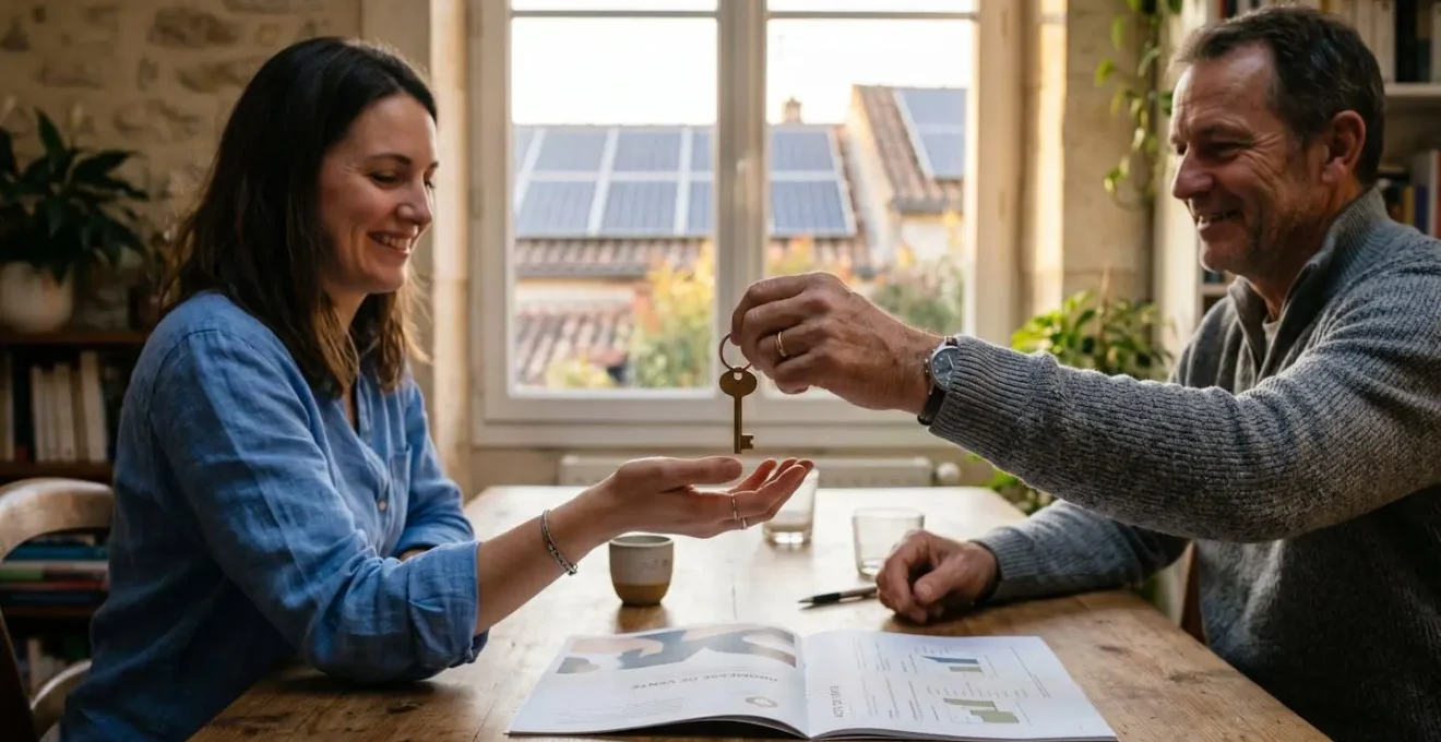 Documents de vente immobilière avec panneaux solaires en arrière-plan