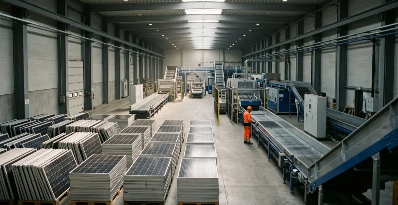 Vue grand angle d'une usine de recyclage moderne avec panneaux solaires empilés et convoyeurs industriels
