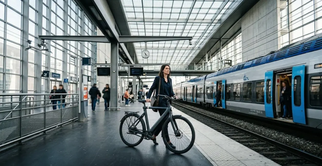 Cycliste avec vélo électrique dans une gare française moderne