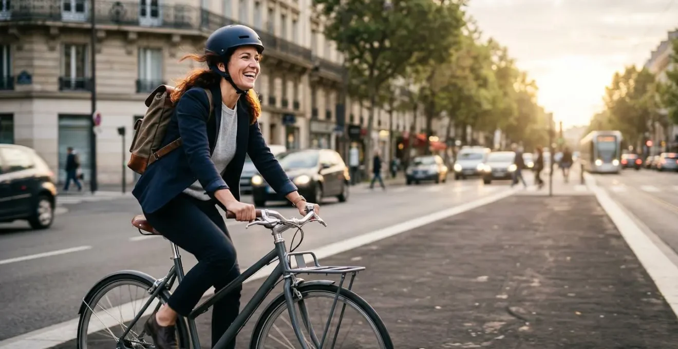 Cycliste en tenue de ville pédalant sur une piste cyclable avec vue floue de la ville au fond
