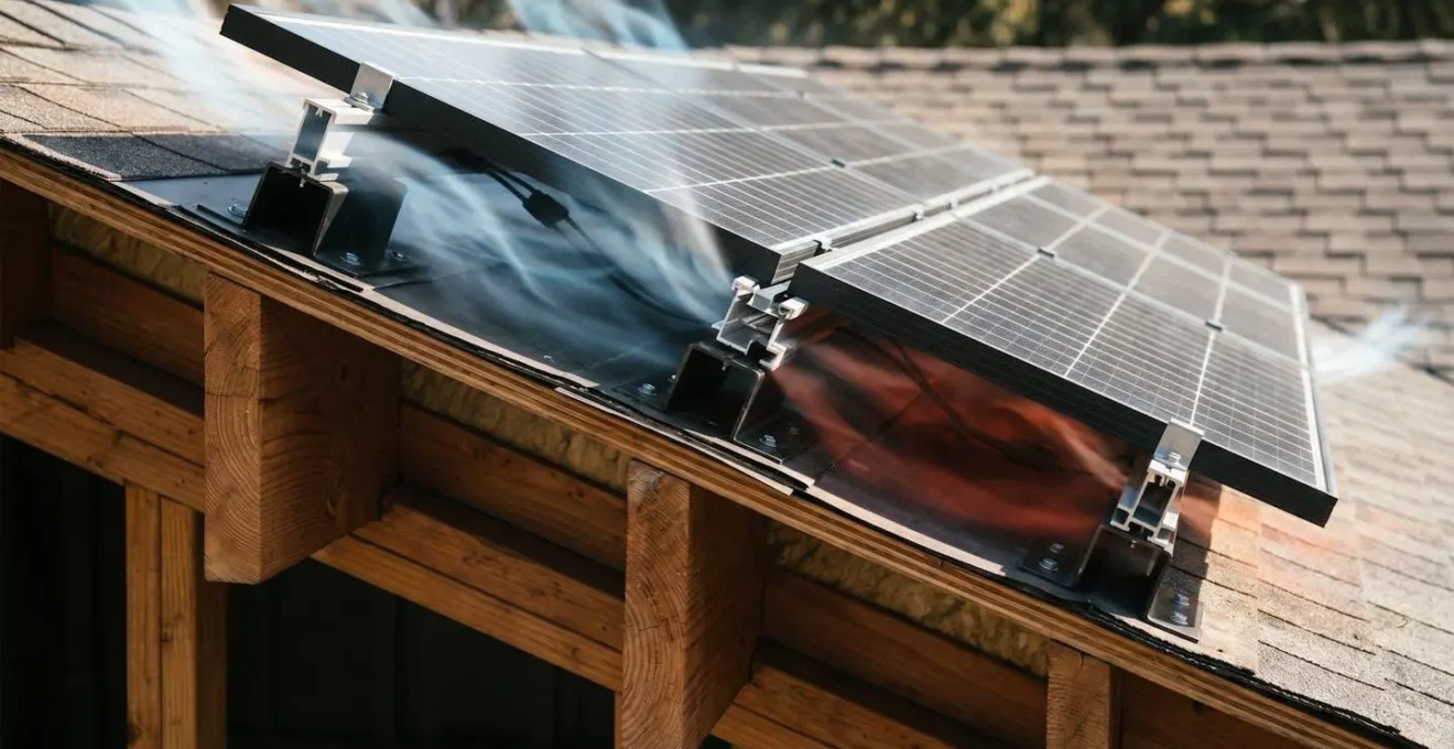 Coupe technique montrant la circulation d'air sous des panneaux solaires intégrés au bâti