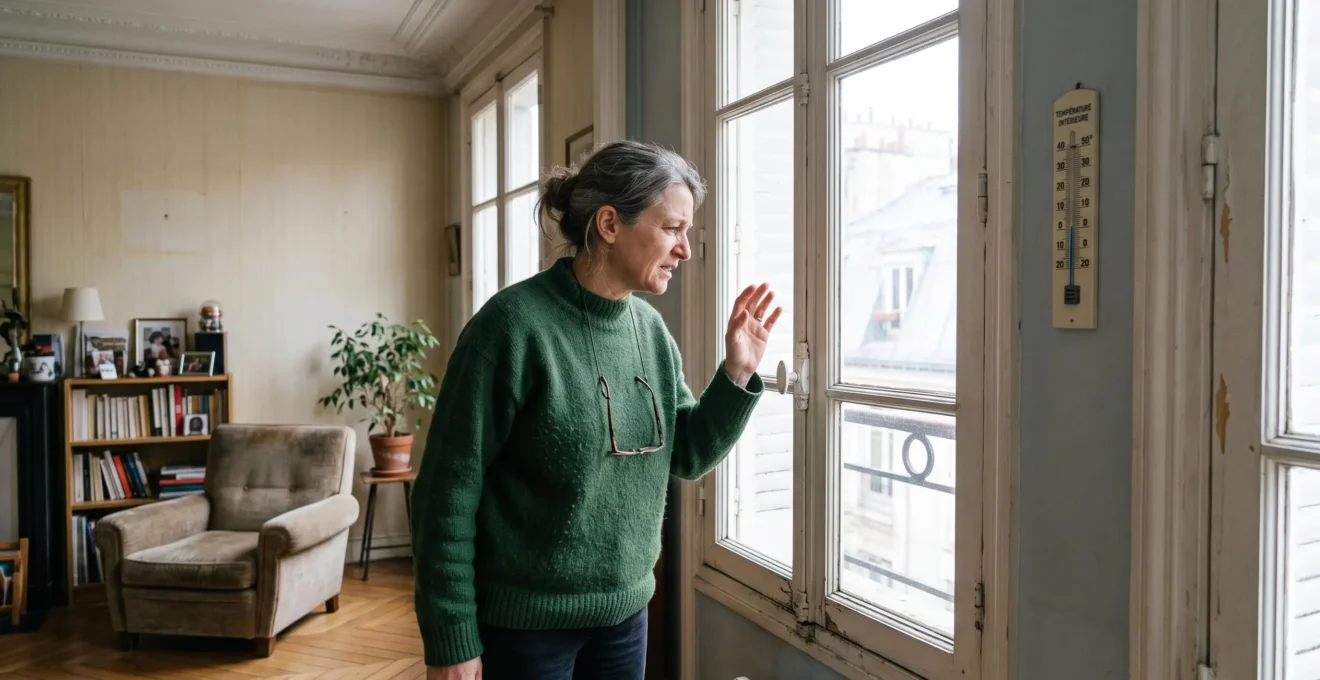Propriétaire examinant les déperditions thermiques près d'une fenêtre ancienne dans son appartement