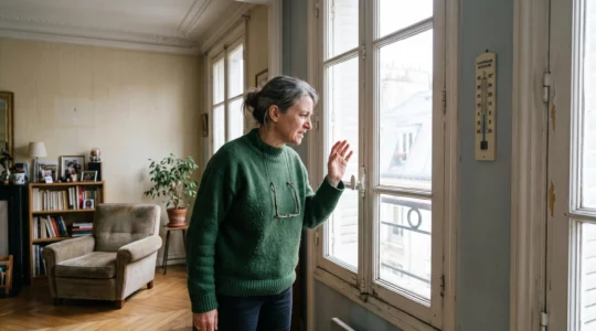 Propriétaire examinant les déperditions thermiques près d'une fenêtre ancienne dans son appartement